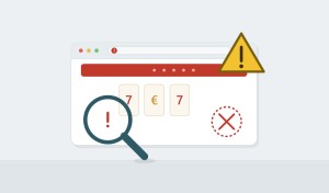 Eine Casino-Website im Browserfenster mit Warndreieck, Siegel ohne Lizenz und einer prüfenden Lupe.